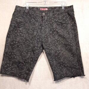 WT02 Mens Frayed Paisley Print Shorts Sz.36/Faded Black/Spandex Blend